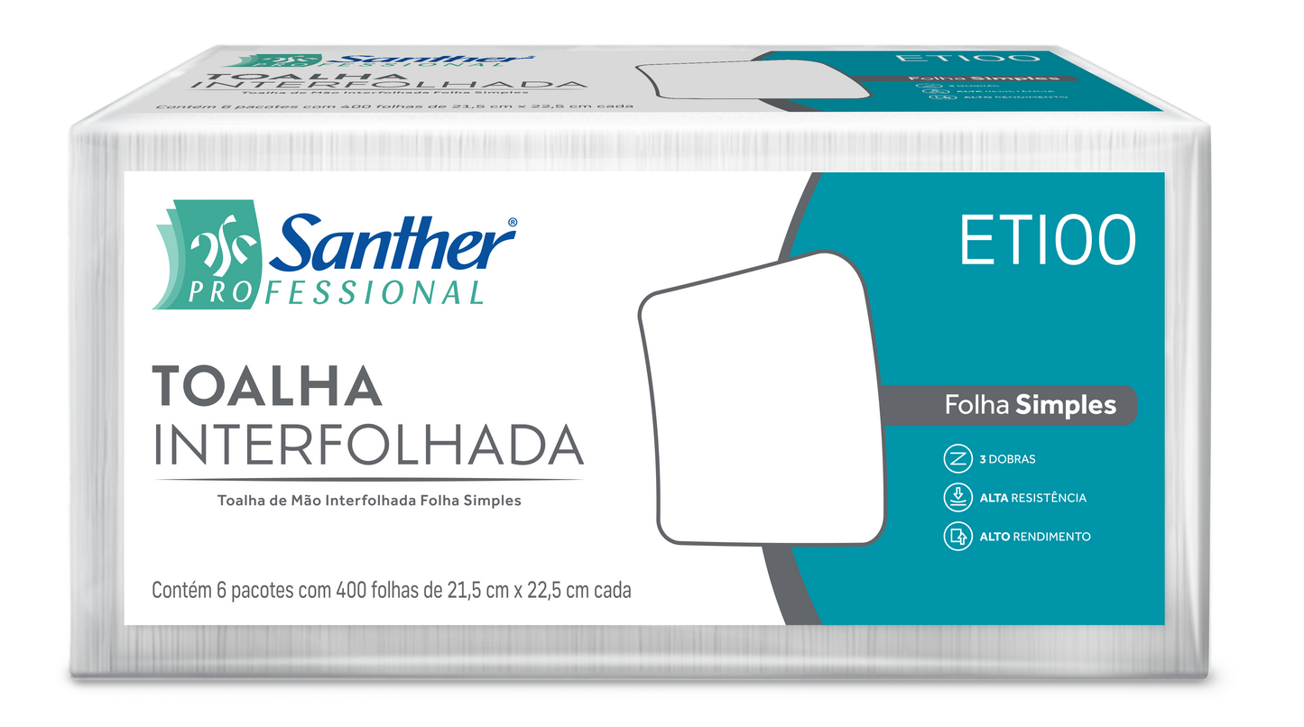 TOALHA ECO SANTHER 3 DOBRAS ETI00 COM 6 PACOTES COM 240 FOLHAS ( 2400).