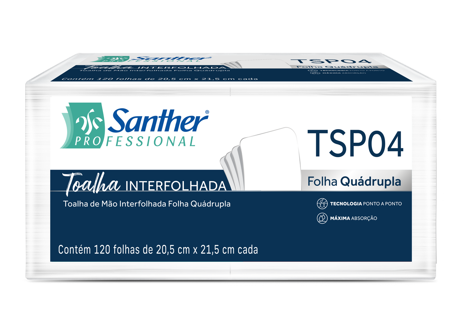 TSP04 - TOALHA INTERFOLHADA PONTO A PONTO FOLHA QUÁDRUPLA 10 PACOTES COM 120 FOLHAS (1.200).