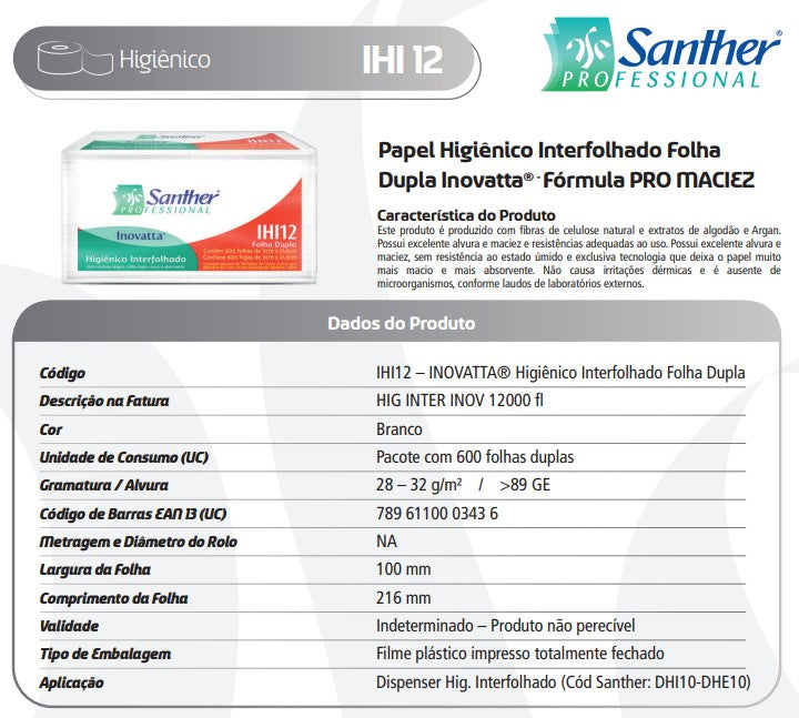 HIGIENICO INTERFOLHADO PERSONAL VIP PHI12. 20 PACOTES COM 600 FOLHAS (12.000).
