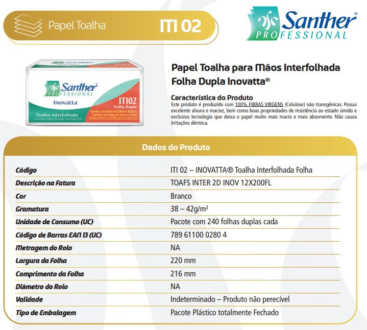 TOALHA INOVATTA ITI02 SANTHER - FOLHA DUPLA - 10 PACOTES COM 240 FOLHAS ITI02 SANTHER (2.400)
