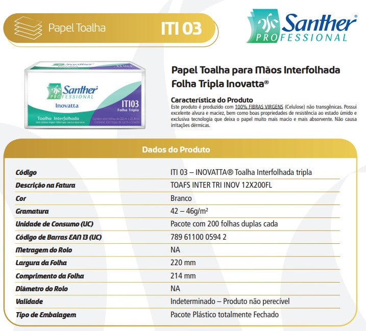 TOALHA INTERFOLHADA INOVATTA -  FOLHA TRIPLA - 12 PACOTES COM 200 FOLHAS ITI03