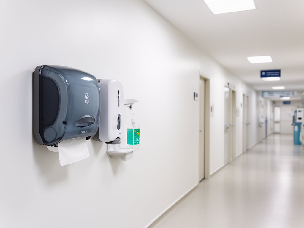 Corredor de clinica medica com dispensers de higiene Santher