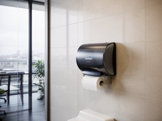 Banheiro corporativo com dispenser de papel higienico institucional