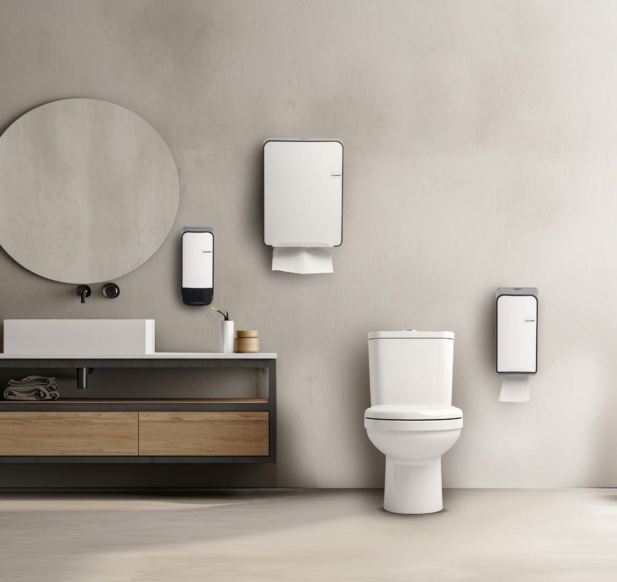 Banheiro com dispensers Santher Quartz de toalha, sabonete e papel higiênico