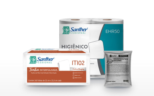 Toalha interfolhada ITI02, higiênico rolão EHR50 e sabonete espuma Santher