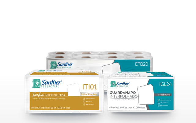 Refis Santher: toalha bobina ETB20, toalha interfolhada ITI01 e guardanapo IGL24